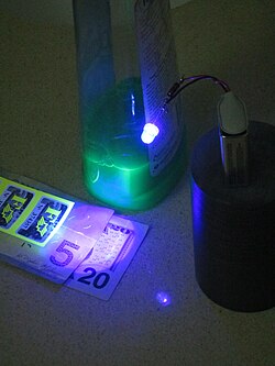 A 380 nanometer UV LED makes some common household items fluoresce.