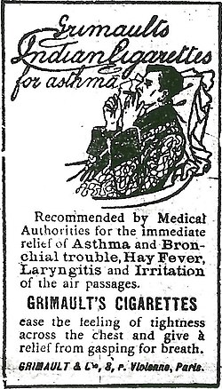 1907 advertisement for Grimault's Indian Cigarettes, promoted as a means of relieving asthma. They contained belladonna and cannabis.