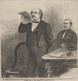 Illustration of Butler (left) delivering the opening remarks of the prosecution during the impeachment trial of Andrew Johnson