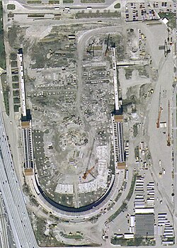 Aerial view of Soldier Field during renovation, April 2002