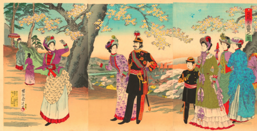 Crown Prince Tōgu with his father and stepmother strolling in Asukayama Park accompanied by ladies of the court. Colour woodblock print by Yōshū Chikanobu, 1890