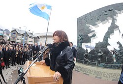 President Cristina Fernández de Kirchner speaks during a commemoration of the 30th anniversary of the Falklands War in Ushuaia, 2 April 2012