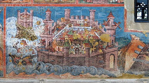 The Siege of Constantinople in 626 by the combined Sassanid, Avar, and Slavic forces depicted on the murals of the Moldovița Monastery, Romania