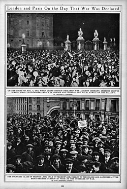 Cheering crowds in London and Paris on the day war was declared.