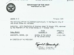 Secretary of the Army Clifford L. Alexander Jr. signed the order to promote George Washington to General of the Armies on March 13, 1978, 179 years after the grade was originally created for him.