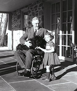 Rare photograph of Roosevelt in a wheelchair, with Fala and Ruthie Bie, the daughter of caretakers at his Hyde Park estate, February 1941