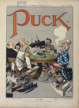 1909 cartoon in the American magazine Puck shows (clockwise) US, Germany, Britain, France and Japan engaged in naval race in a "no limit" game.