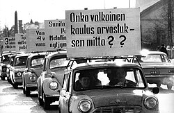 Metal workers doing motorized strike in Hyvinkää, Finland in March 1971