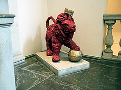 A papier-mâché version of Reggie the Lion, the mascot of KCLSU, outside the Great Hall in King's Strand Campus