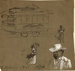 Ammoniacal Gas Engine Streetcar in New Orleans drawn by Alfred Waud in 1871