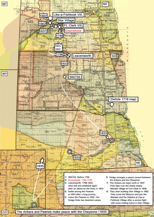 Map adapted to show the major movements (approximately) of the Arikara tribe from 1795 to 1862.
