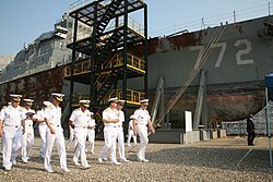 South Korean and U.S. Navy admirals inspecting the wreckage of Cheonan at Pyeongtaek on 13 September 2010.