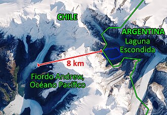 The area of Laguna Escondida is a point where the boundary would be in such a way that Argentina is approximately eight kilometers (5.0 mi) from the Pacific Ocean.[24]