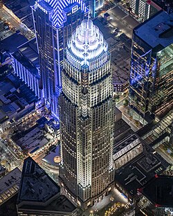 Charlotte is home to the headquarters of Bank of America (foreground) and Truist (background), two of the largest banks in the United States. Bank of America is the largest company headquartered in North Carolina.[165]