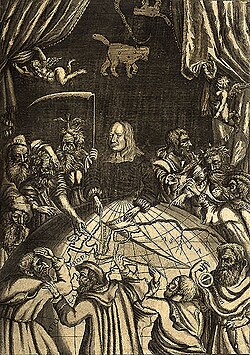 A 1689 frontispiece portrait of polymath Olof Rudbeck The Elder (1630–1702), who in 1655 established Sweden's first botanic garden, now the Linnaean Garden at Uppsala University. He is shown surrounded by sages, mythic and historical: Hesiod, Plato, Aristotle, Apollodorus, Tacitus, Odysseus, Ptolemy, Plutarch and Orpheus.