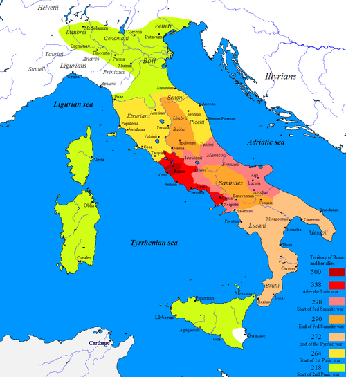 Roman expansion in Italy from 500 to 218 BC through the Latin War (light red), Samnite Wars (pink/orange), Pyrrhic War (beige), and First and Second Punic wars (yellow and green). Cisalpine Gaul (238–146 BC) and Alpine valleys (16–7 BC) were later added. The Roman Republic in 500 BC is marked with dark red.