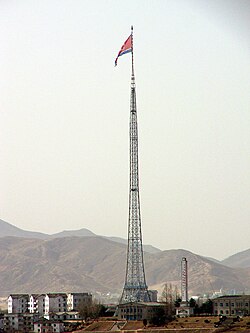 The world's sixth tallest flagpole flying a 270 kg (595 lb) Flag of North Korea. It is 160 m (525 ft) in height, over Kijŏng-dong ("Peace village") near Panmunjom, the border of North Korea and South Korea.