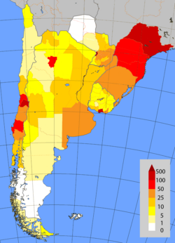 Population density of the Southern Cone by first-level national administrative divisions. Population/km2