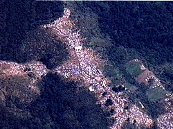 Aerial photograph of a Mihanda, Zaire refugee camp in 1996. Pictured are 500+ tents set up in the Mitumba Mountains.