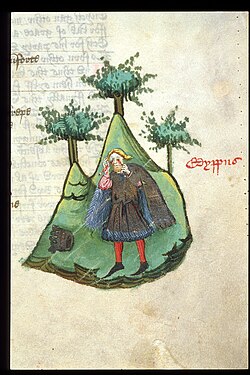 Miniature of Oedipus, dressed in royal garments, tearing out his own eyes, from John Lydgate's The Fall of Princes, England (Bury St Edmunds?), c. 1450 - c. 1460, Harley MS 1766, f. 48r