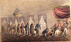 The ceremony of the beija-mão (hand-kissing) in John's Brazilian court, maintaining a custom of the Portuguese monarchs.