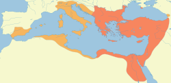 The extent of the Byzantine Empire under Justin I is shown in brown. (The light orange shows the conquests of his successor, Justinian.)