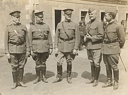 From left to right: Major General Francis J. Kernan, Major General James W. McAndrew, General John J. Pershing, Major General James Harbord and Brigadier General Johnson Hagood in Tours, France, July 1918