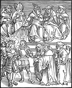 Antichristus, a woodcut by Lucas Cranach the Elder of the pope using the temporal power to grant authority to a generously contributing ruler