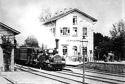 A steam train in the station in Ludwigsburg around 1860