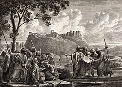 18th-century illustration of Homs by Louis-François Cassas. The artist in the foreground is shown sketching the Citadel of Homs, surrounded by his guards and inquisitive locals