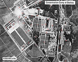 Aerial photo of the Dachau complex with the actual concentration camp on the left