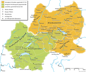 Alemannia (yellow) and Upper Burgundy (green) around 1000