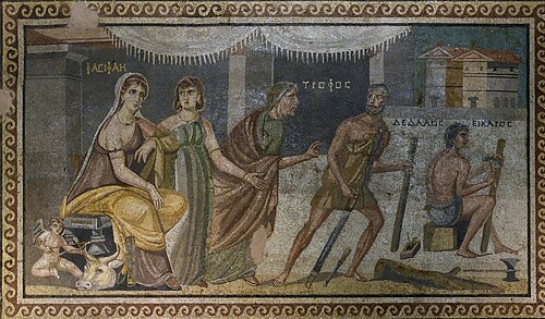 Pasiphae seated on a throne receives the wooden cow from Daidalos. Eros plays with the head of the crafted cow. Roman Mosaic, from Zeugma, Commagene. Zeugma Mosaic Museum, Gaziantep, Turkey