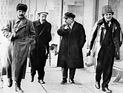 From left to right: Stalin, Alexei Rykov, Lev Kamenev, and Grigory Zinoviev in 1925. All three later fell out with Stalin and were executed during the Great Purge.