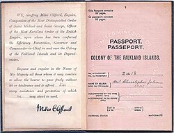 Inside cover pages of a Falkland Islands passport (not issued after 1982) showing the request being made by the Governor of the Falkland Islands, who was also named