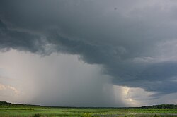 A thunderstorm with heavy rain shower