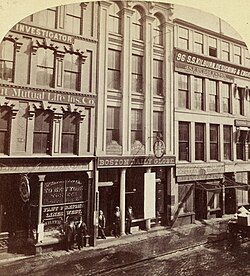The original Boston Daily Globe building on Washington Street in Boston, c. 1872