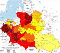 Density of urban network per voivodeship in the Polish–Lithuanian Commonwealth in 1650. Today's Transnistria region was in Bracław Voivodeship, which was significantly less densely populated than its neighboring provinces to the west because of slave raids from the Crimean Khanate.