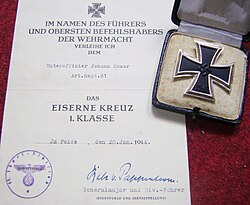 World War II Iron Cross, 1st class, with certificate