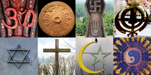 A collage of artistic representations of various religious symbols; clockwise from top left: Om for Hinduism, Dharmachakra for Buddhism, Jain Prateek Chihna for Jainism, Khanda for Sikhism, Star of David for Judaism, Latin Cross for Christianity, Star and Crescent for Islam and Taijitu for Daoism.