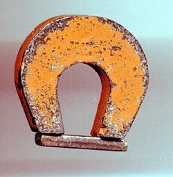 A magnet made of alnico, a ferromagnetic iron alloy, with its keeper