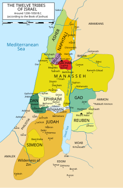 Map of the territorial allotment of the Twelve Tribes of Israel before Dan moved next to Naphtali due to conflict with the Philistines, based on the Book of Joshua