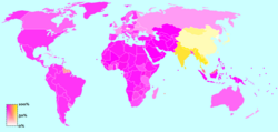 A rough split of the world among belief systems: Abrahamic in pink, Indian in yellow.