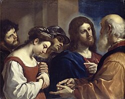 Christ with the Woman Taken in Adultery, by Guercino, 1621. Depicts Jesus and the woman taken in adultery