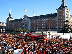 Spain celebrates winning the 2010 World Cup with a parade as they pass in front of the Air Force headquarters in Madrid.