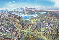 Pictorial map by Heinrich C. Berann (1991); scale exaggerated