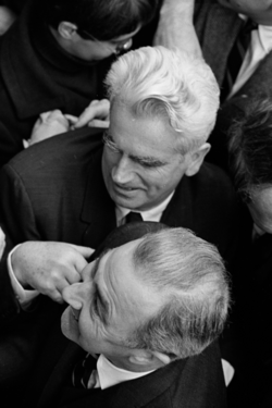 McCarthy (below) with supporter Paul O'Dwyer at campaign headquarters, 64 West 56th Street, New York City, April 23, 1968