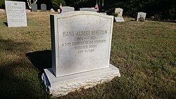 Gravestone of Hans Albert Einstein in Woods Hole, Massachusetts, at the Woods Hole Village Cemetery. It is inscribed with the words, A life devoted to his students- Research, Music and Nature