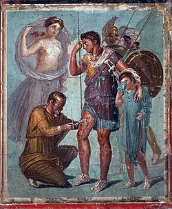 Pompeian fresco; Iapyx removing an arrowhead from Aeneas' thigh, watched by Venus Velificans (veiled)