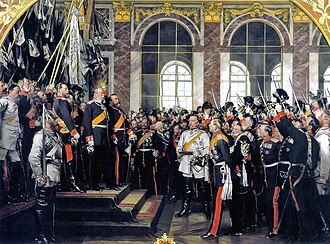 Anton von Werner's patriotic, much-reproduced depiction of the proclamation of Wilhelm I as German emperor in the Hall of Mirrors at Versailles. Bismarck is in the centre, wearing a white uniform (1885).